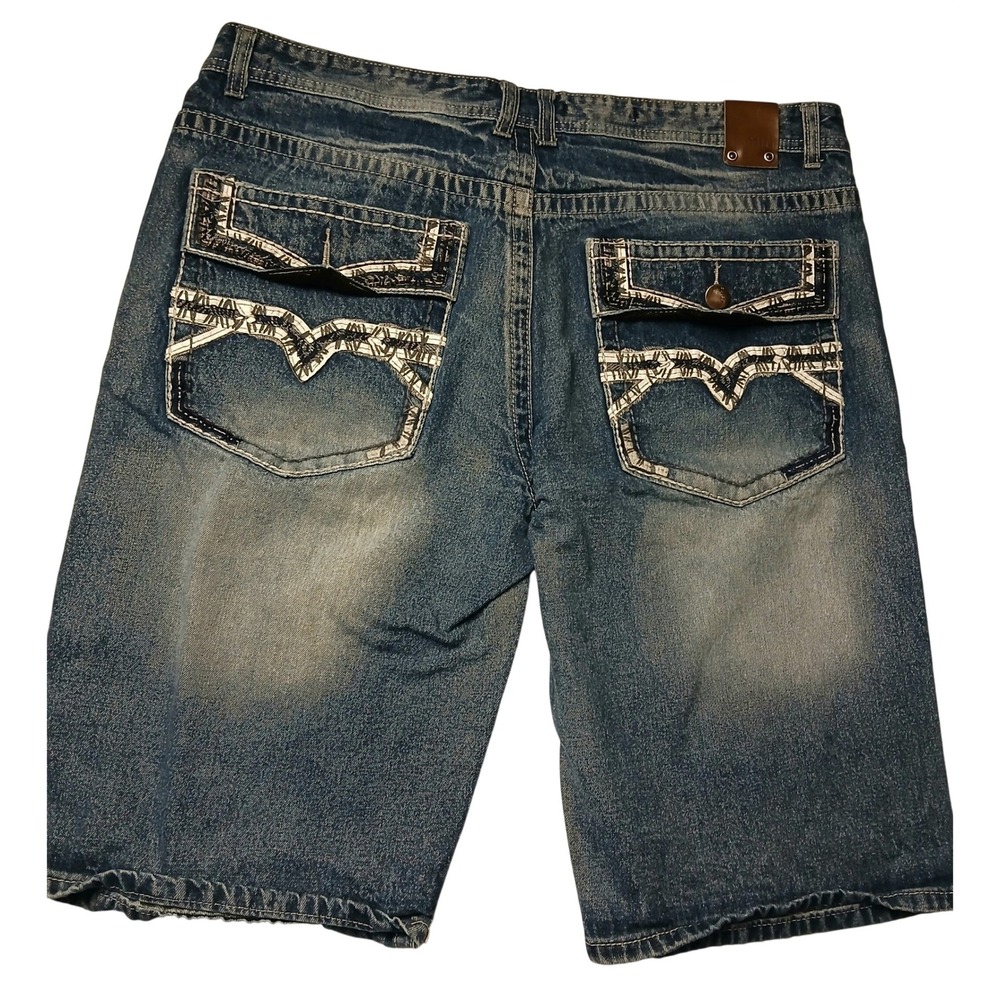 Gramercy GS115 Mens Slim Fit Distressed Embroidered‎ Denim Shorts Blue VTG Sz 38